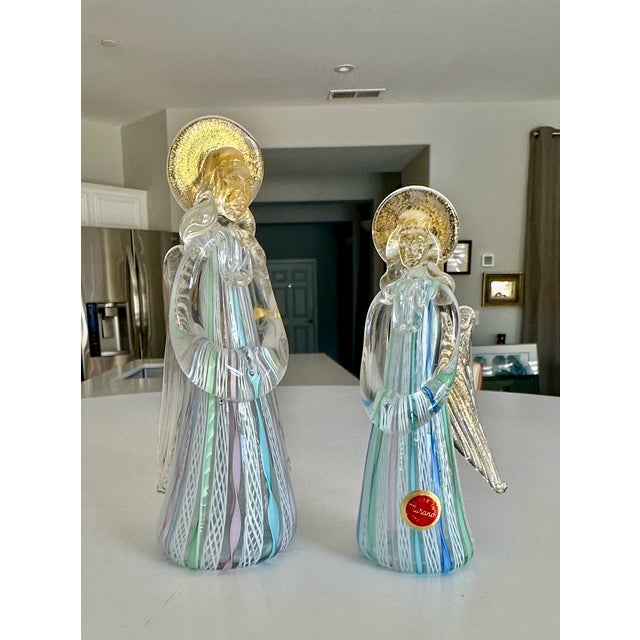 Traditional Pair Murano Venetian Latticino & Gold Glass Angel Figurines For Sale - Image 3 of 12