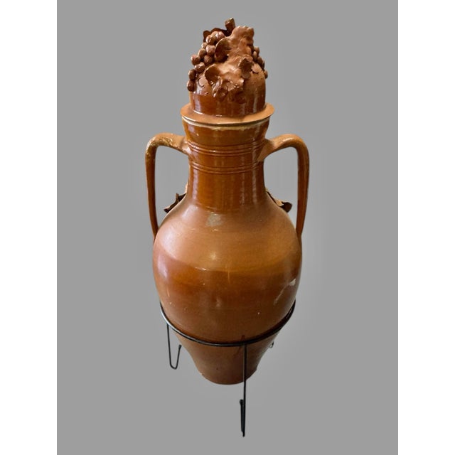 Italian Antique Italian Terra Cotta Covered Urn Vase Grape Vine Relief 2 Handle Decorative Jar For Sale - Image 3 of 12
