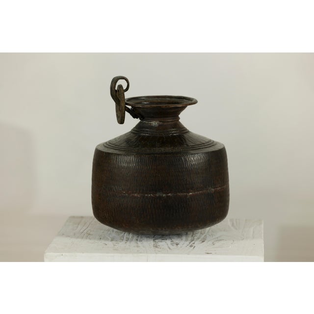Vintage Indian Hand-Tooled Metal Milk Jug with Ring Handle, Mid-20th Century For Sale - Image 13 of 13