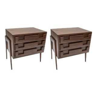 Mid-Century Style Walnut Nightstands With Three Drawers By Adesso Imports - A Pair For Sale