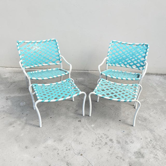 Brown Jordan Vintage Tropitone Turquoise and White Woven Strap Patio Chairs and Ottomans — Set of 4 For Sale - Image 4 of 12