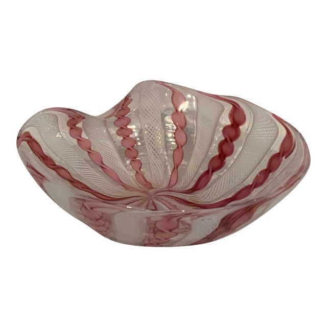 Murano Fratelli Toso Venetian Pink and White Ribbon Bowl For Sale