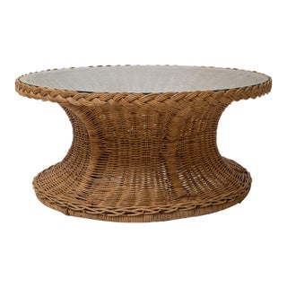 1970s Coastal Braided Rattan Hourglass Coffee Table With Glass Top For Sale