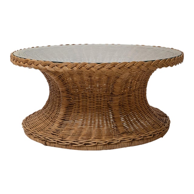 1970s Coastal Braided Rattan Hourglass Coffee Table With Glass Top For Sale