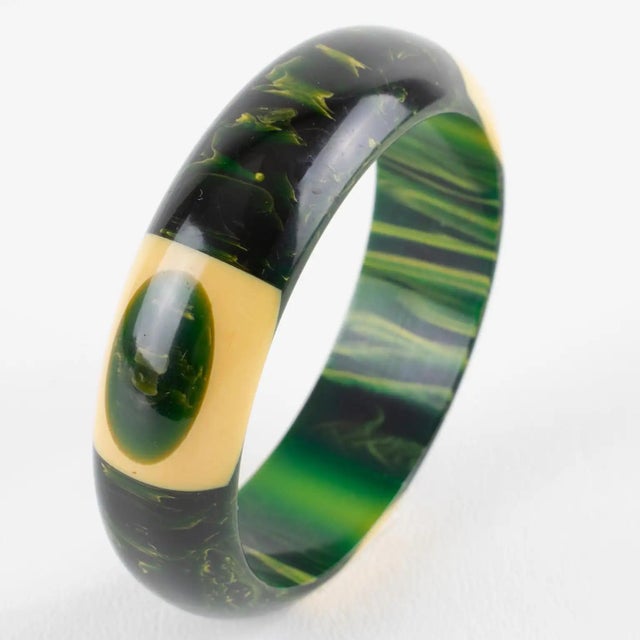 Plastic Belle Kogan Bakelite Bracelet Bangle with Laminated Elongated Dots For Sale - Image 7 of 9