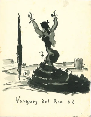 Salvador Vasquez del Rio, Woman Dancing, Original Ink & Watercolor Drawing, 1962