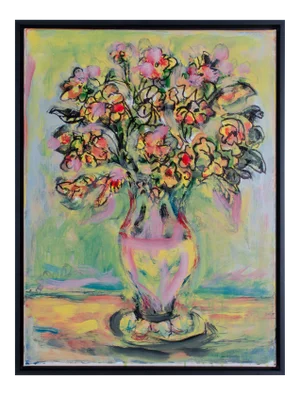 Abstract Oil Painting on Canvas, "Yellow Peonies" by Suzanne McCullough Plowden
