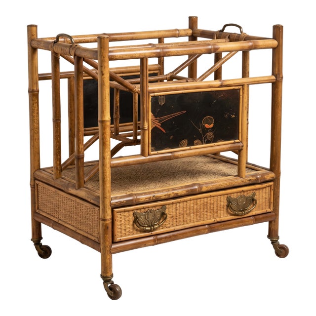 19th-C. English Burnt Bamboo & Grasscloth Chinoiserie Magazine Rack or Canterbury For Sale