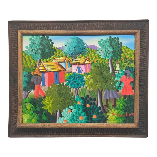 Signed W. Coulano Haitian Naïve Village Landscape Painting 26" For Sale