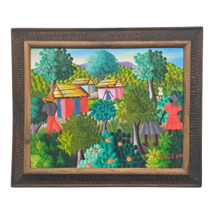 Signed W. Coulano Haitian Naïve Village Landscape Painting 26"