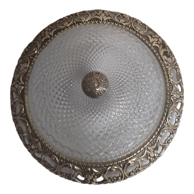 Vintage Flat Ceiling Lamp with Relief Glass Bowl on Gold-Colored Metal Mount, 1980s For Sale