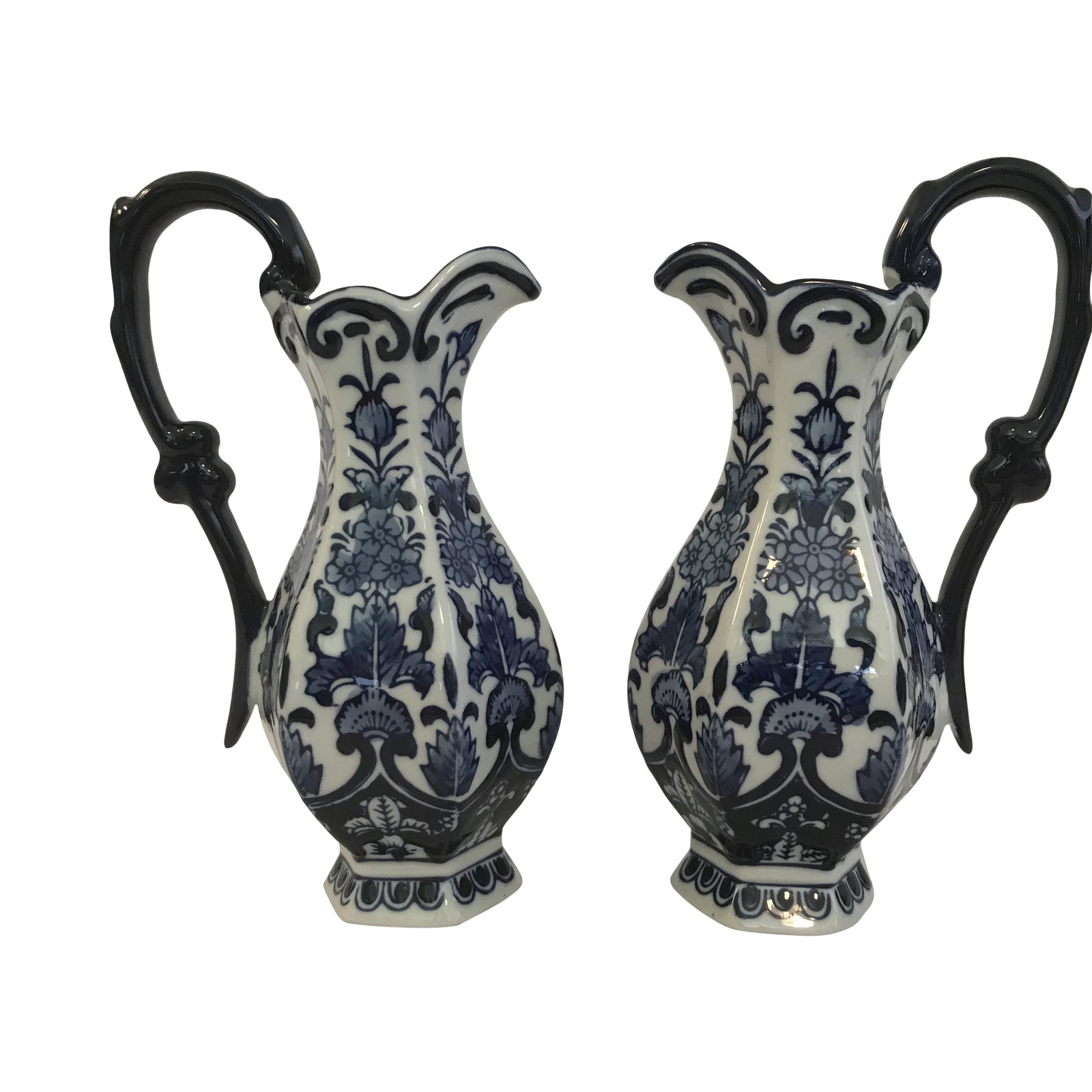 Vintage Asian Chinoiserie Blue and White Pitchers Vases a Pair Chairish