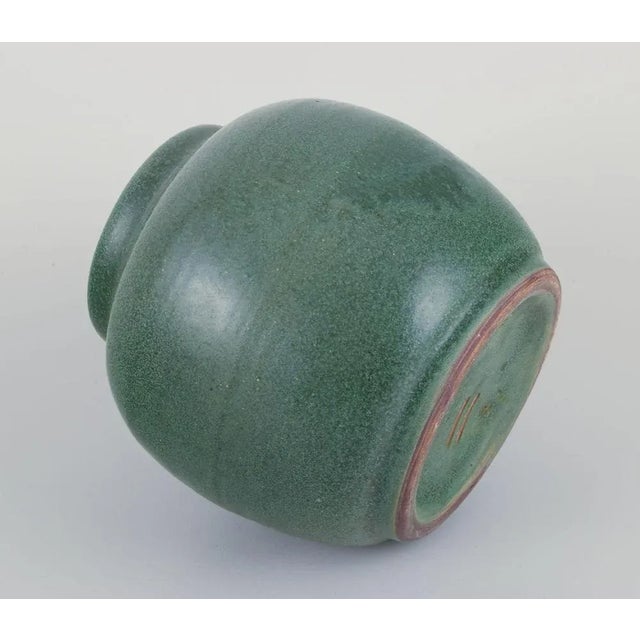 Metal Ceramic Jar Glazed in Green Hues with a Brass and Bronze Lid, 1930s For Sale - Image 7 of 10