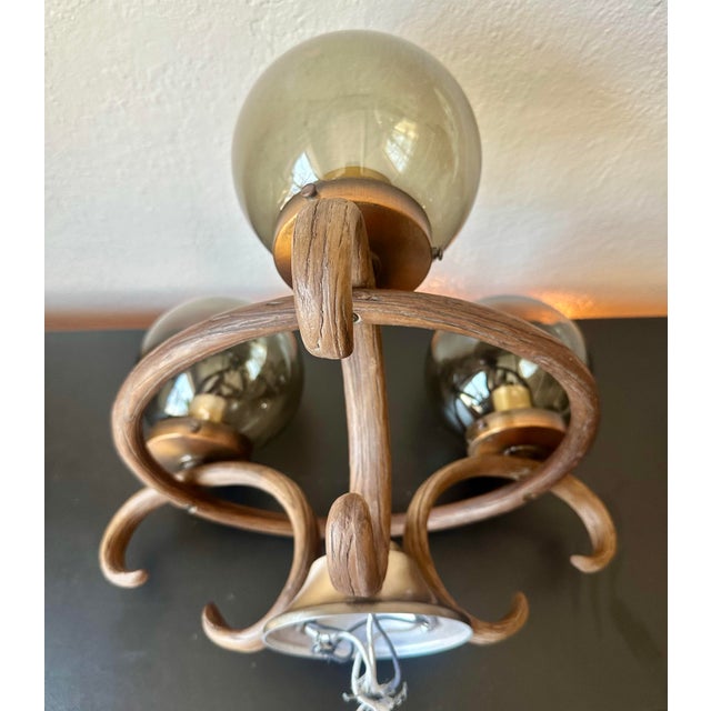 Vintage 1970s Forecast Lighting Mod Chandelier, Smoked Glass Globe Semi-Flush, Bentwood Style Retro Ceiling Fixture For Sale - Image 4 of 11