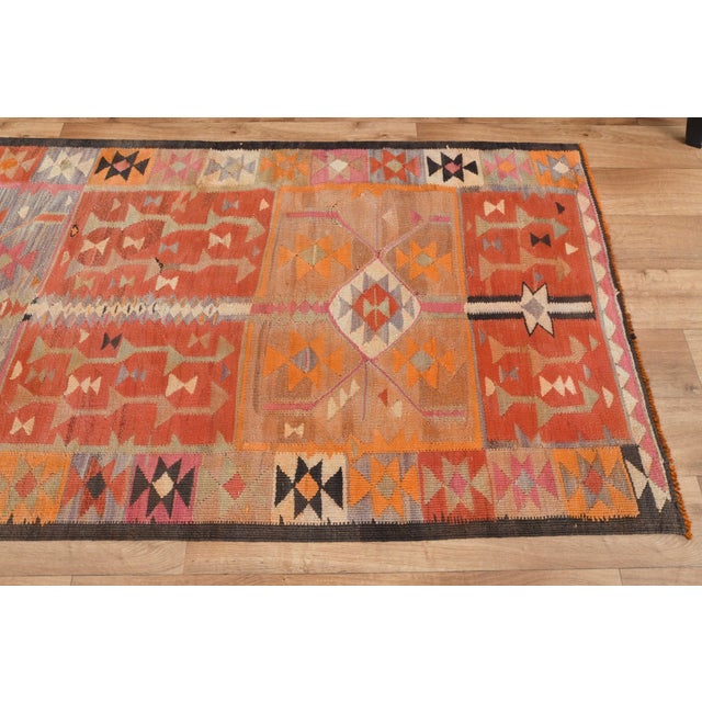 1970s Vintage Turkish Handmade Wool Cotton Orange Runner Rug For Sale - Image 10 of 11