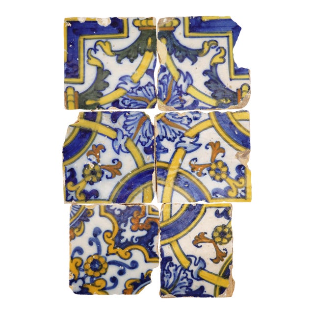 17th Century Set of Six Floral Tiles, Portuguese For Sale