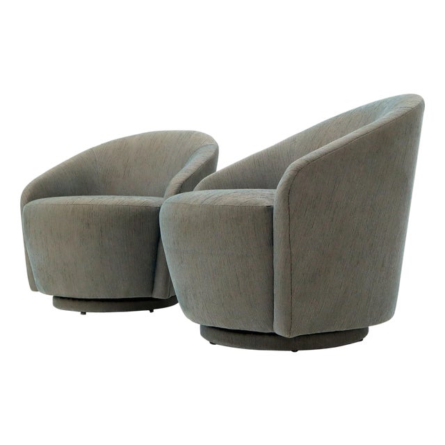 Pair of Barrel Back Tub Swivel Lounge Slipper Chairs Milo Baughman Style For Sale