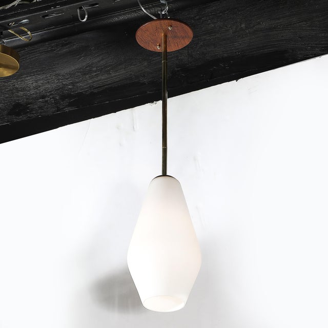 Wood Mid-Century Modern Frosted Glass & Walnut Pendant Chandelier With Brass Fittings For Sale - Image 7 of 17