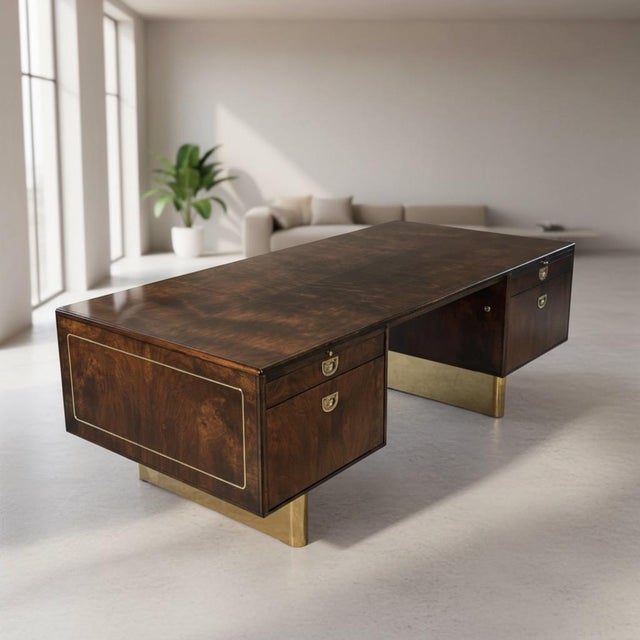 1970s Romweber Burl Wood and Gold Trim Executive Desk With Filing Drawers For Sale - Image 6 of 18