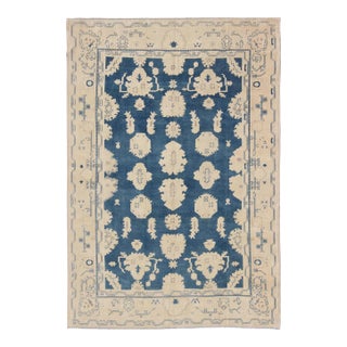Mid 20th Century Vintage Turkish Oushak Rug With All-Over Design in Royal Blue and Ivory For Sale