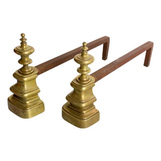 Fireplace Andirons in Brass & Wrought Iron, France, 1900s, Set of 2 For Sale