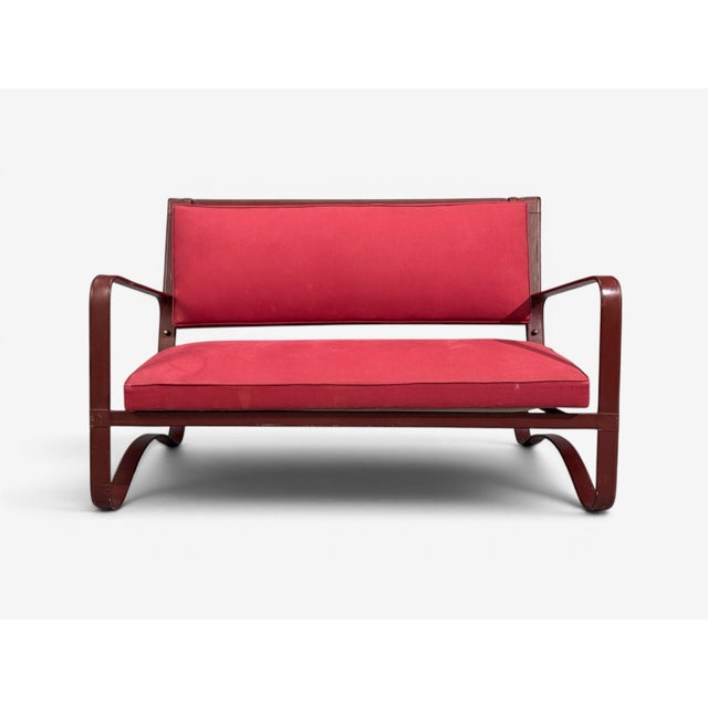 Mid 20th Century Jacques Adnet, Rare Settee, Leather, Steel, France, 1950s For Sale - Image 5 of 14
