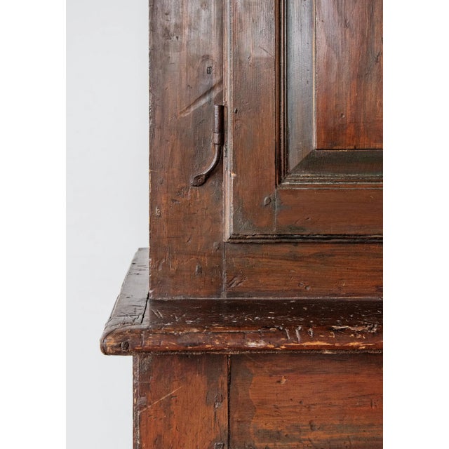 Early 19th Century American Pine Stepback Cupboard | Original Surface, Hand-Forged Hardware, Primitive Two-Piece Cabinet For Sale - Image 4 of 6