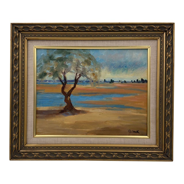 Vintage Original Oil Landscape Painting Solitary Tree in Ochre and Blue For Sale