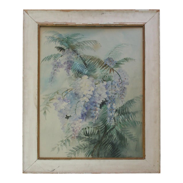 Large Original Vintage Watercolor Painting of Wisteria For Sale