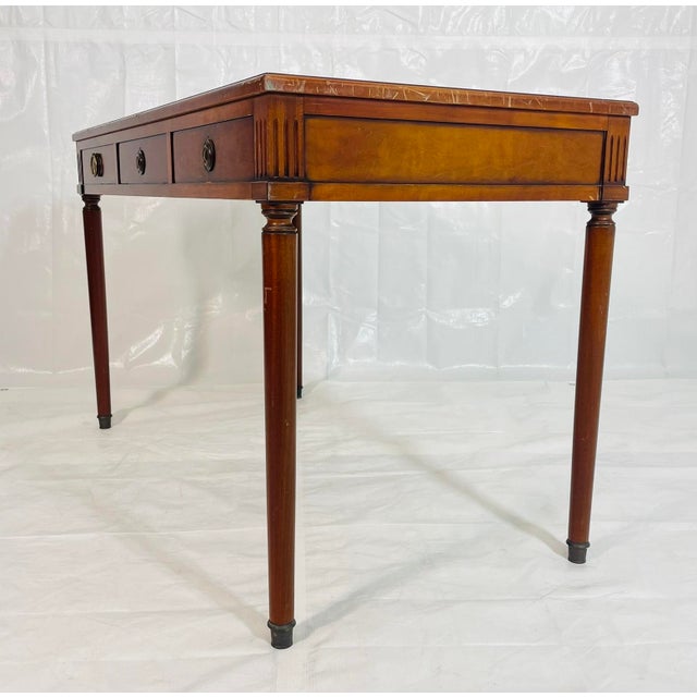 Brown Vintage Solid Mahogany Writing Desk With Leather Top and Brass Hardware For Sale - Image 8 of 18