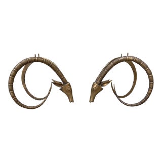 Vintage Pair Brass Bronze Ibex Antelope Rams Head Gazelle Hollywood Regency Coffee Table Base For Sale