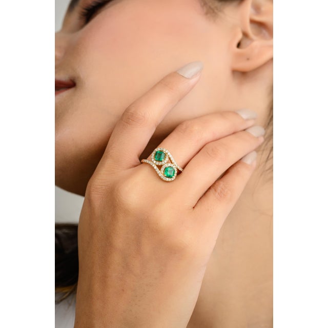 Boho Chic Two Stone Emerald Halo Wedding Ring Gift for Her Size 6 For Sale - Image 3 of 12