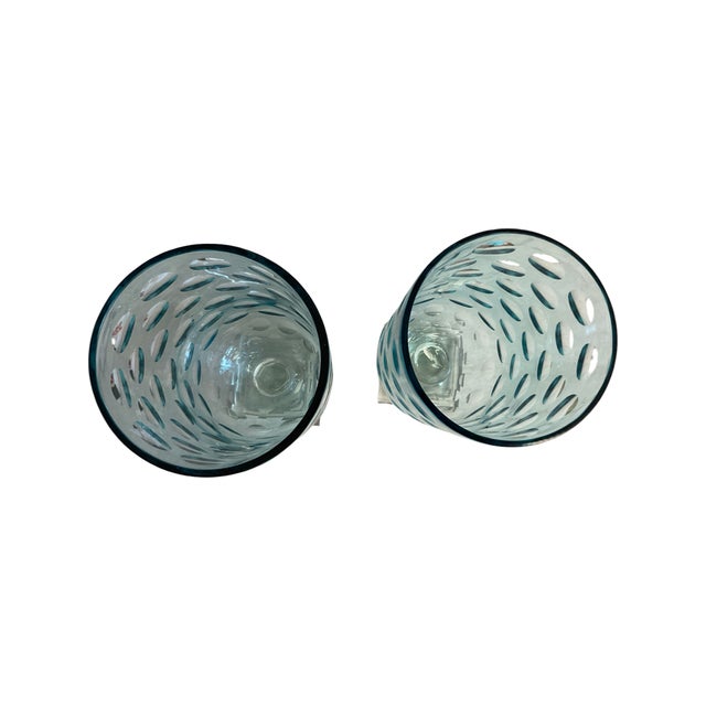 Pair of Hand Blown Blue Bubble Glass Hurricanes on Square Clear Glass Base From A Sonoma. Stunning on Their Own, but Also...