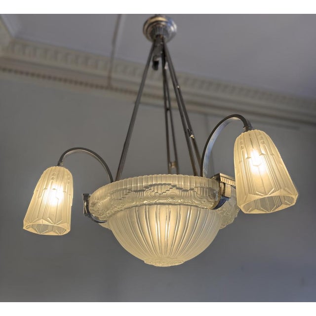 Art Deco Chandelier in Nickel-Plated Bronze by Georges Leleu Jehel, 1930 For Sale - Image 15 of 18