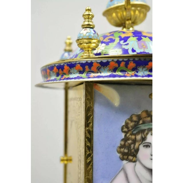 Metal Vintage Chinese Cloisonne Brass Figural Porcelain Enamel Mantel Clock For Sale - Image 7 of 12