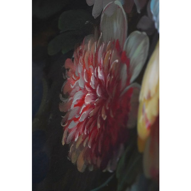 Wilbur Artist Signed Large Oil Painting on Canvas Floral Still Life in Vase For Sale - Image 9 of 12