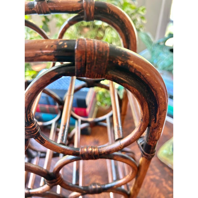 Brown Vintage Boho Chic Scorched Tortoise Bamboo 6 Bottle Wine Holder For Sale - Image 8 of 11