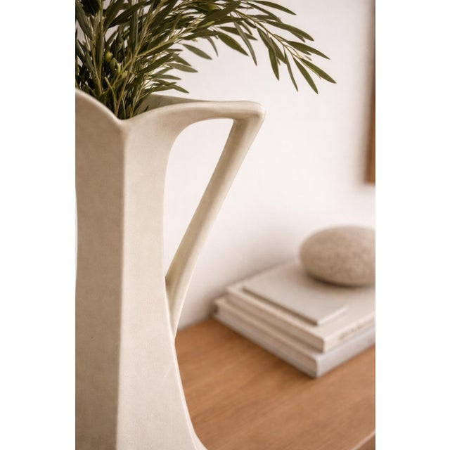 Mid 20th Century Vintage Mid-Century Modern Sculptural Ceramic Ewer Vase With Square Base – Ivory Matte Finish For Sale - Image 5 of 10