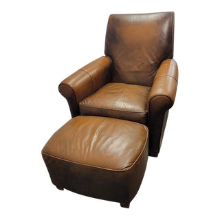 Vintage Ethan Allen Brown Leather Club Chair With Ottoman For Sale