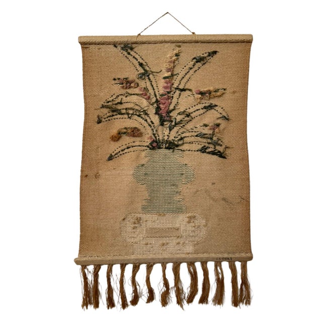 Mid-Century Jute Fringed Tapestry Embroidered With Fern & Column For Sale - Image 11 of 11