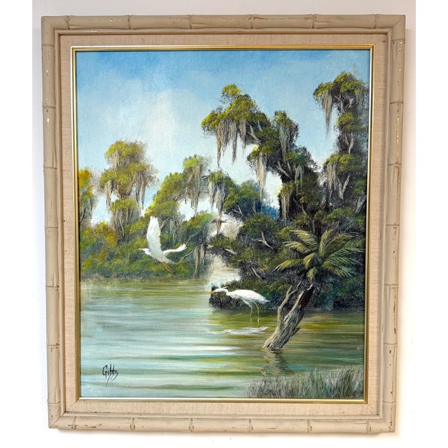 Joseph Gibbs Florida Highwaymen Wetland Heron Painting, Oil on Canvas, Circa 1970s A serene and beautifully executed...