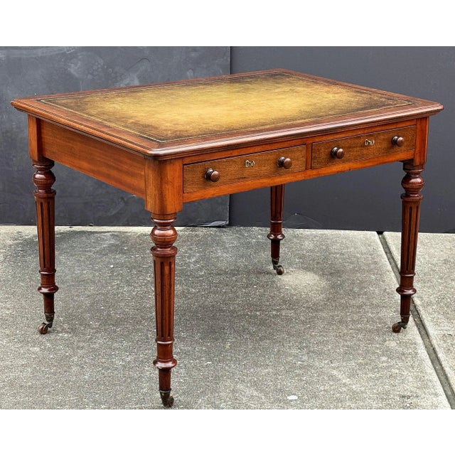 Traditional Edwardian Writing Table or Desk of Mahogany With Leather Top From England For Sale - Image 3 of 12