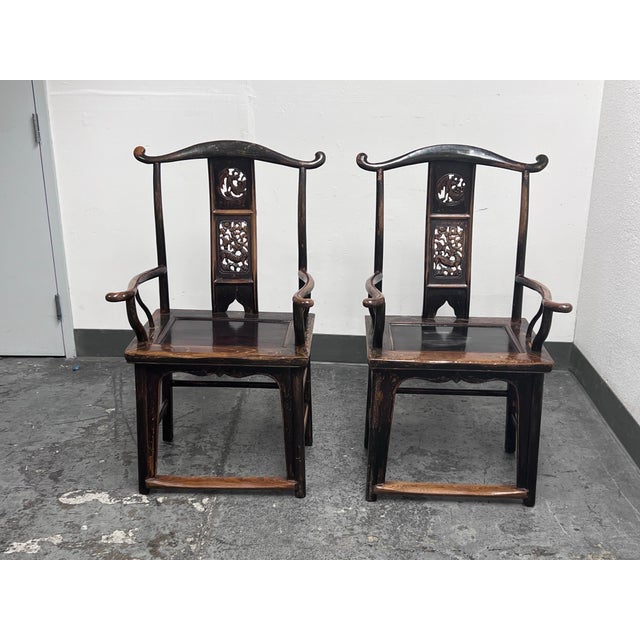 Chinese Antique Chinese Qing Dynasty Elmwood Armchairs, Pair For Sale - Image 3 of 12