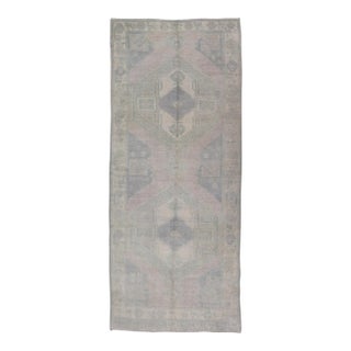 Muted Turkish Oushak Carpet With Two Diamond Medallions in Blue and Gray For Sale