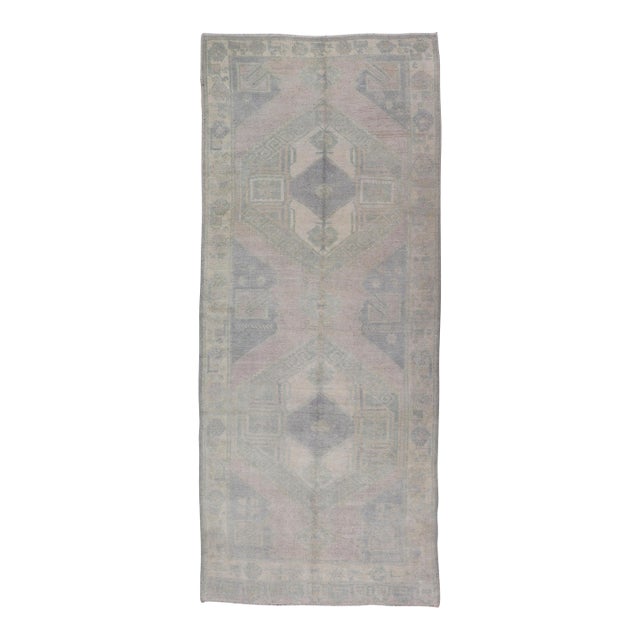 Muted Turkish Oushak Carpet With Two Diamond Medallions in Blue and Gray For Sale
