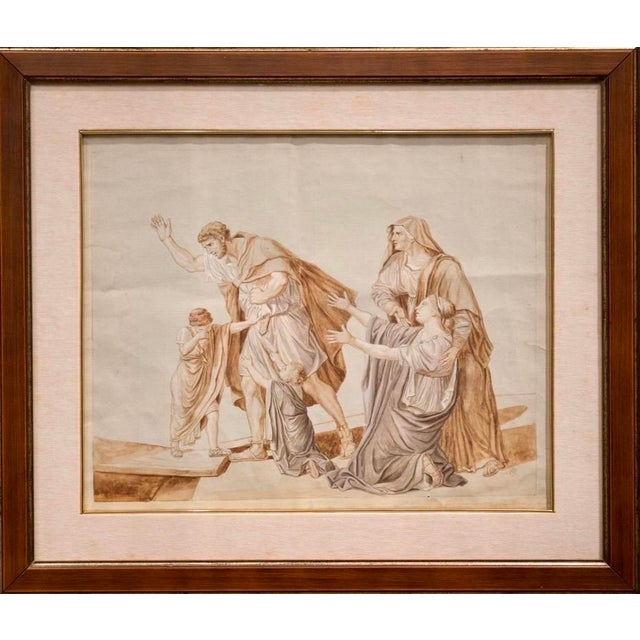 Period red chalk watercolor pencil drawing with neoclassical subject. Depicting the Atilius Regulus departing for...