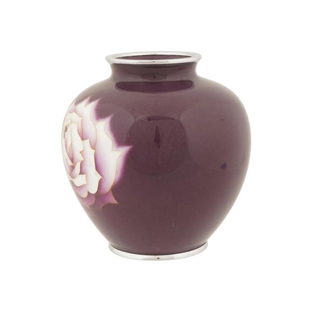 Metal Japanese Cloisonne Enamel Vase Ando Signed Purple Ground Roses For Sale - Image 7 of 7