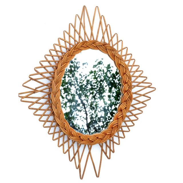 1960s Bohemian Handwoven Wicker Wall Mirror Rhombus Shape French Mid-Century Modern For Sale - Image 5 of 13