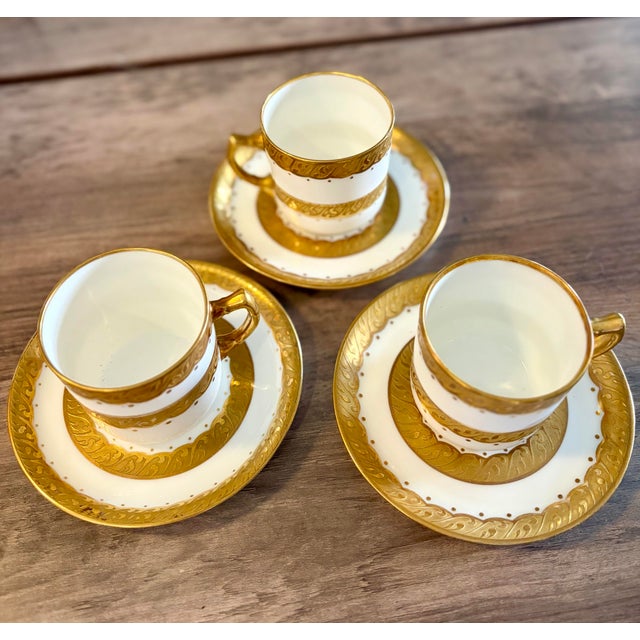 English Antique Hand-Gilded 22k Gold Fine Bone China Teacup & Saucer Set of 3 for Adderley's Ltd - 6 pcs For Sale - Image 3 of 10