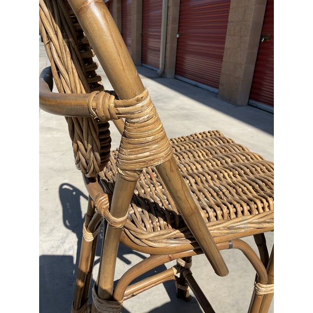 Pair of Vintage French Bistro Bar Stools With Oval Medallion Backs in Honey Woven Rattan For Sale - Image 12 of 12